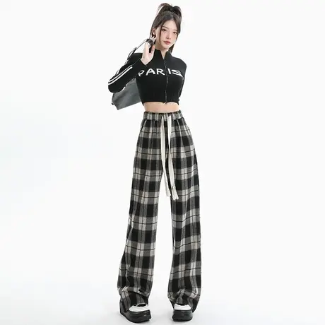 高腰秋冬加绒复古黑白格子休闲裤子女抽绳直筒宽松垂感拖地阔腿裤图片