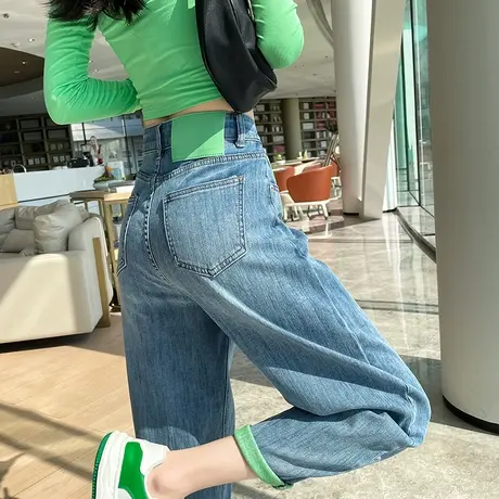 浅色牛仔裤女直筒宽松春秋绿色卷边高腰显瘦设计感撞色哈伦老爹裤商品大图