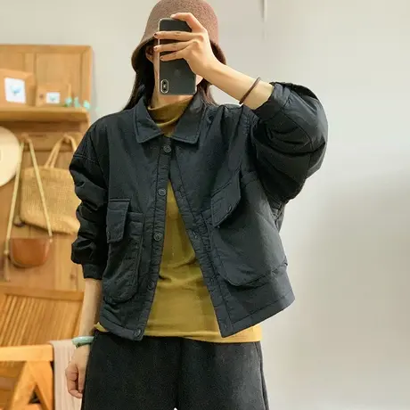 dza 复古翻领轻便棉衣外套女士2023冬季新款宽松棉服上衣休闲棉袄图片
