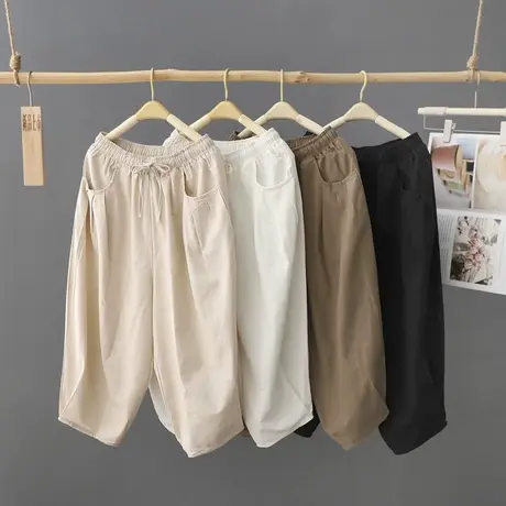 文艺女装复古棉麻裤女2023春装新款宽松亚麻休闲裤薄七分裤萝卜裤图片
