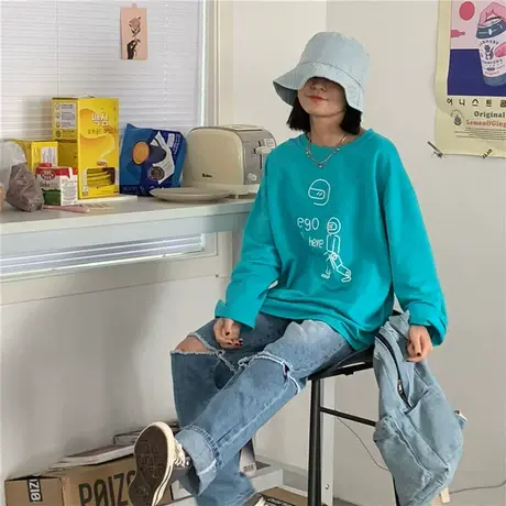 红续自制纯棉宽松oversize长袖T恤女上衣2020新款宽松圆领卫衣ins图片