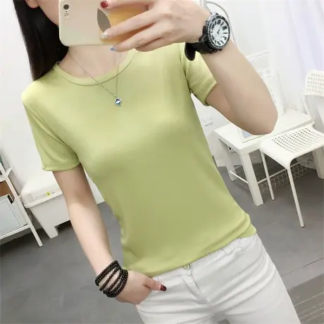 欧货纯色面膜正肩t恤女短袖夏季2023年新款修身针织打底圆领上衣商品大图
