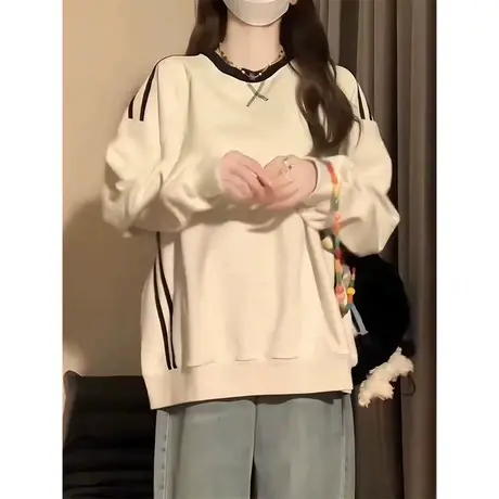 侧边条纹薄款卫衣女秋季百搭宽松显瘦设计感小众别致圆领上衣外套商品大图