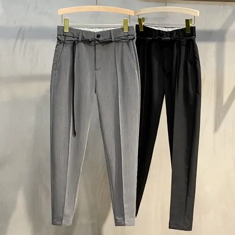 夏季男士商务休闲裤男西裤小脚裤子韩版潮流冰丝黑色修身男九分裤商品大图