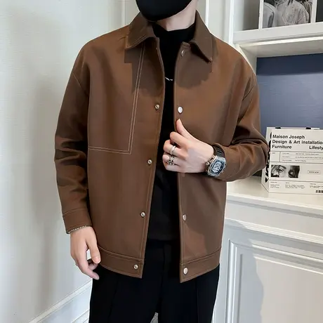 秋冬外套男款潮流时尚冬季夹克呢子短外套时尚休闲纯色外套潮牌男图片