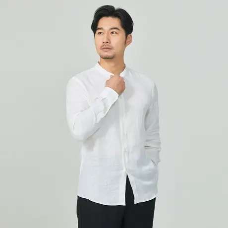 衬衫男长袖亚麻白色休闲中国风复古立领大码男士春季新款棉麻衬衣图片