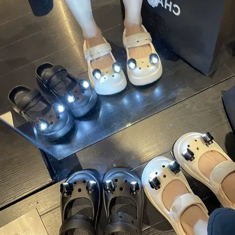 可爱卡通带灯洞洞鞋女外穿2023年夏季新款防滑可湿水懒人包头拖鞋商品大图