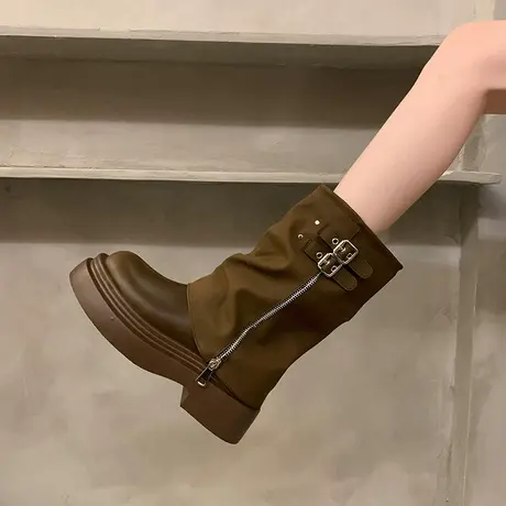 英伦风马丁靴女2023新款秋季复古中筒小个子厚底机车堆堆裤管短靴图片