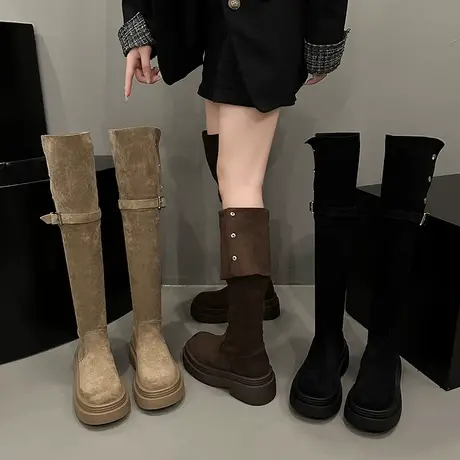 过膝靴子女长筒靴2024新款秋冬两穿翻折小个子厚底弹力高筒骑士靴商品大图