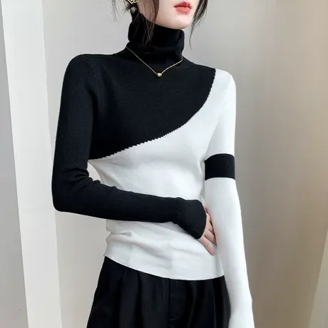 高领拼色长袖针织衫女2023秋冬新款修身设计感小众内搭毛衣打底衫商品大图