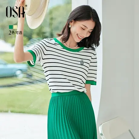 OSA欧莎别致冰丝条纹针织衫女夏季2022年新款薄款小香风短袖上衣商品大图