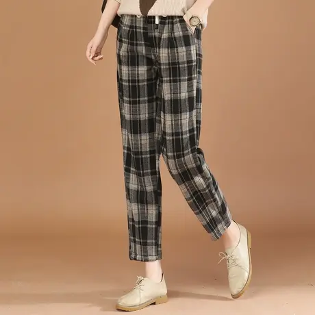 韩潮袭人松紧腰格子加绒休闲裤女2023冬季新显瘦哈伦西装裤子厚图片