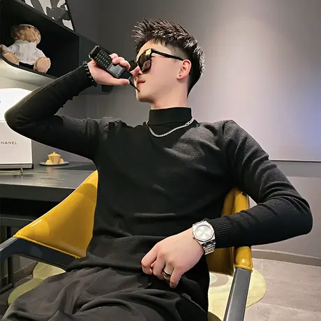 半高领针织毛衣男冬季2023新款潮流韩版纯色简约修身套头打底线衣商品大图