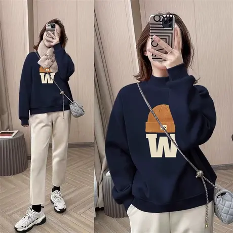 高级感藏蓝女装卫衣oversize大码秋冬加绒外套ins半高领设计上衣商品大图