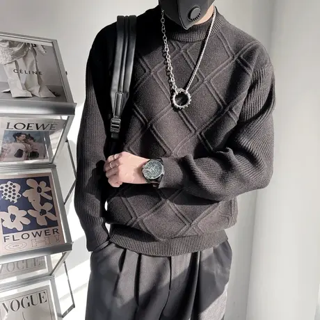 轻熟毛衣男冬季2023新款纯色简约设计感立体菱格提花针织打底线衣图片
