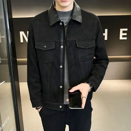 秋冬季男士拼接夹克2023新款潮牌痞帅复古高级感机车外套休闲短款商品大图