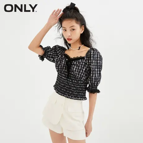 ONLY奥莱夏季法式蕾丝花边设计收腰泡泡袖雪纺衫女商品大图