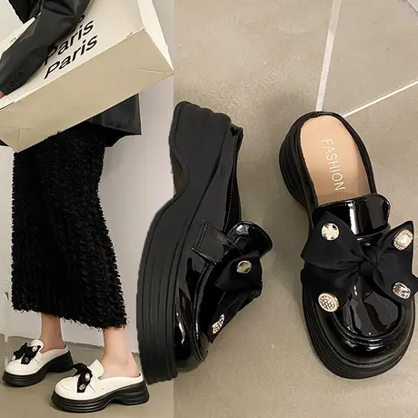 蝴蝶结半拖鞋女夏外穿厚底小皮鞋2024新款包头凉鞋拖女款穆勒鞋子商品大图