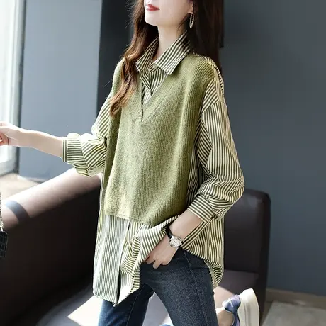 宝诗黎假两件针织拼接衬衫上衣女2024打底休闲条纹衬衣早春装新款商品大图