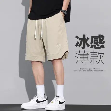卡其色男生开叉五分休闲短裤夏季薄款男士宽松篮球跑步运动中裤子图片