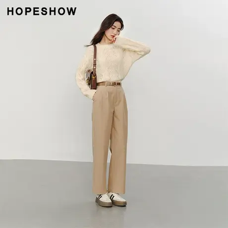 红袖纯色立体压褶直筒裤hopeshow2024春季新款通勤显瘦时尚长裤女商品大图