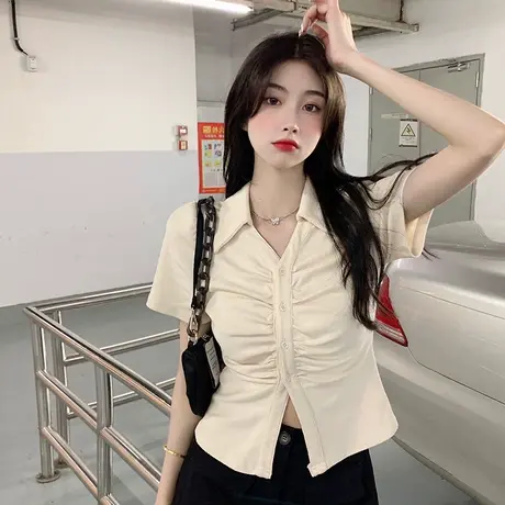 正肩短袖t恤女ins潮夏季修身显瘦辣妹风短款上衣不规则小众设计感商品大图