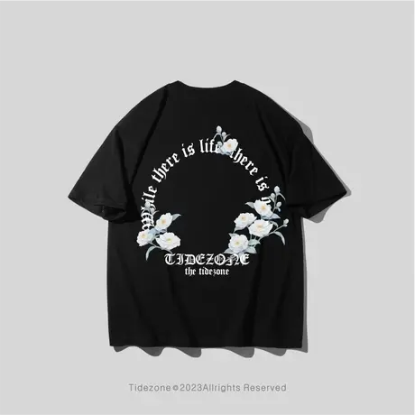 Ohlyah潮牌植物圆圈字母花朵印花宽松休闲情侣短袖T恤男女同款商品大图