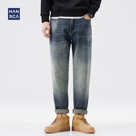hansca破洞牛仔裤男直筒宽松秋冬季新款美式复古休闲百搭弹力长裤商品大图