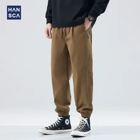 hansca卡其色工装休闲裤男春秋季潮牌大码日系复古宽松弹力束脚裤商品大图