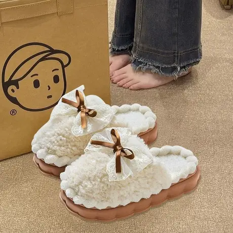 蝴蝶结棉拖鞋女秋冬季外穿室内厚底踩屎感防滑保暖包头毛毛拖鞋女商品大图