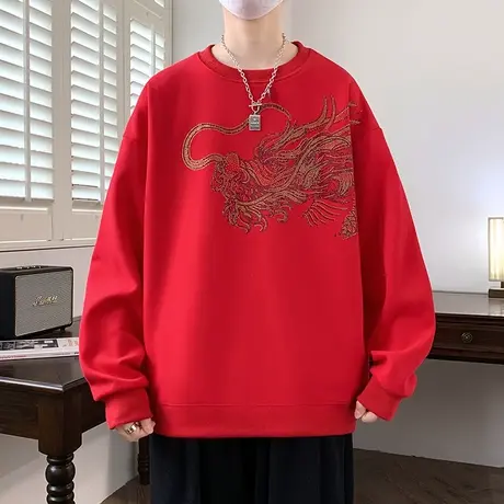 2024本命年龙年新款男士长袖T恤衫烫钻休闲卫衣大红色帅气打底衫商品大图