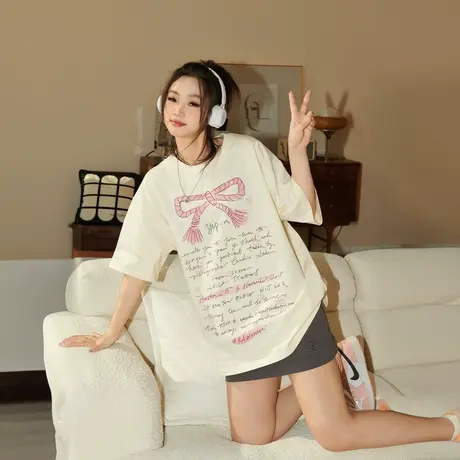 YEP复古字母印花纯棉短袖t恤女夏季2024新款潮牌街头宽松韩系上衣商品大图