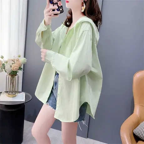 小清新糖果色长袖连帽衬衫女春季2024年新款宽松薄款休闲外套上衣商品大图