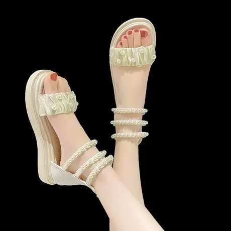 仙女风高帮厚底珍珠凉鞋女2024夏季新款外穿配裙子露趾沙滩罗马鞋图片