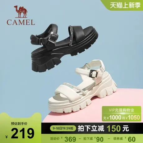 骆驼女鞋2023夏季新款一字带凉鞋女休闲沙滩鞋羊皮厚底增高凉鞋女图片