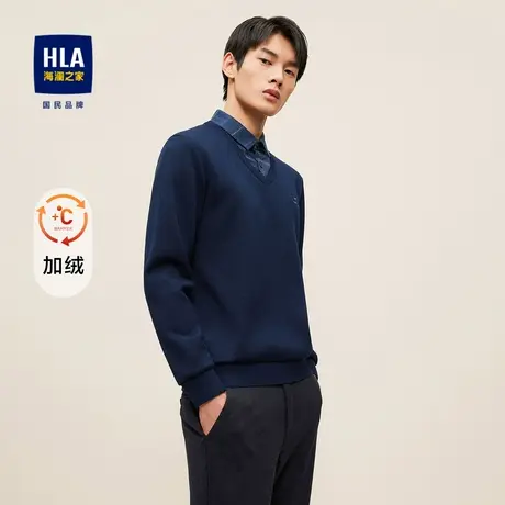【加绒】HLA/海澜之家2023内里加绒保暖针织衫假两件毛衣男商品大图