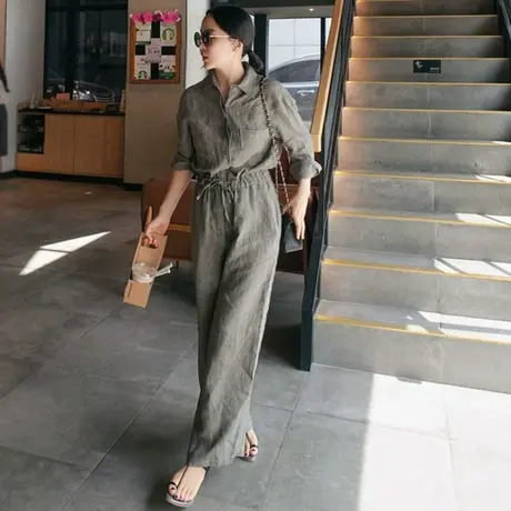 新款棉麻衬衫长袖连体裤女宽松大码九分阔腿裤抽绳收腰亚麻休闲裤商品大图