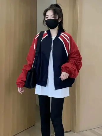 复古撞色棒球服外套女2023春秋季款小个子休闲短款高级感夹克上衣商品大图