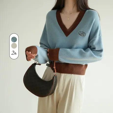 2023新款超好看的毛衣复古日系慵懒风女v领套头上衣女宽松商品大图
