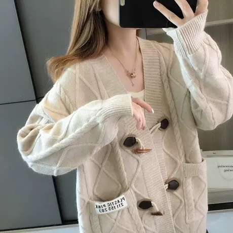 秋季2023新款宽松麻花针织开衫女装毛衣外套女秋冬洋气慵懒风外搭商品大图