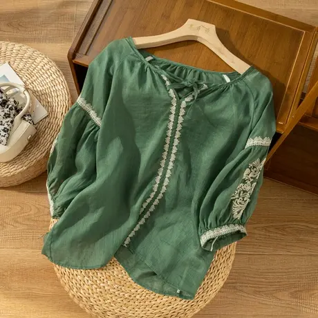 七分袖苎麻小衫女刺绣宽松文艺复古棉麻上衣女高级感2022春夏新款商品大图