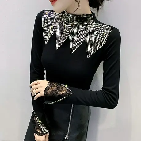 时尚烫钻打底衫女春秋设计感小众蕾丝拼接长袖T恤半高领洋气上衣商品大图