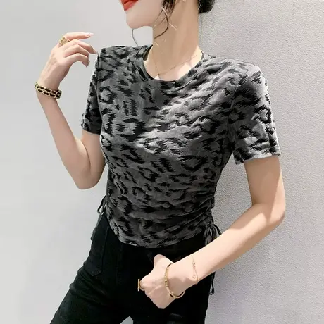 欧货豹纹短袖T恤女洋气设计感抽绳上衣辣妹短款小衫时尚别致体恤商品大图