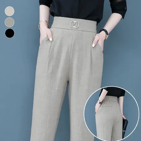 冰丝棉麻哈伦裤女宽松秋季2023新款时尚九分西裤显瘦百搭休闲裤子图片