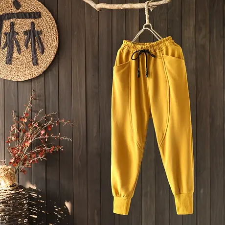 枫谜2019年春装新款文艺松紧腰休闲裤女宽松束脚裤卫裤小脚哈伦裤图片