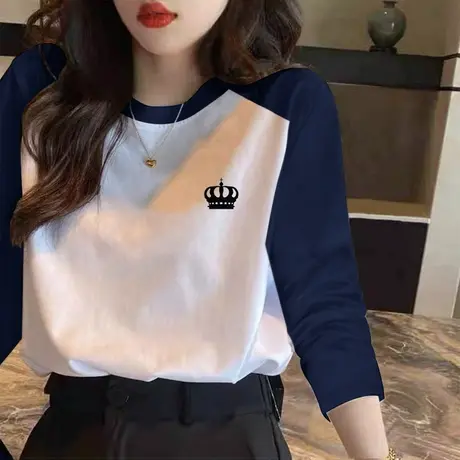 纯棉长袖t恤女上衣打底衫春秋内搭2023年新款韩版宽松印花小衫潮商品大图