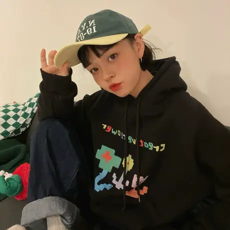 红续像素风花花加绒加厚黑色连帽卫衣女宽松bf甜酷风外套秋冬新款图片