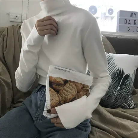 2023秋冬港风长袖t恤上衣百搭心机洋气半高领女士内搭加绒打底衫商品大图