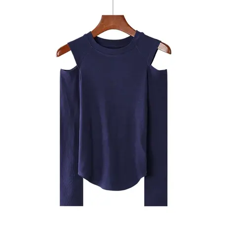 秋冬季韩圆领露肩修身纯色磨毛纯欲燕尾摆长袖体恤上衣女打底衫T商品大图