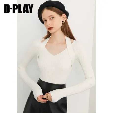 DPLAY多巴胺秋季穿搭V领打底衫挂脖修身上衣白色毛衣内搭针织衫商品大图